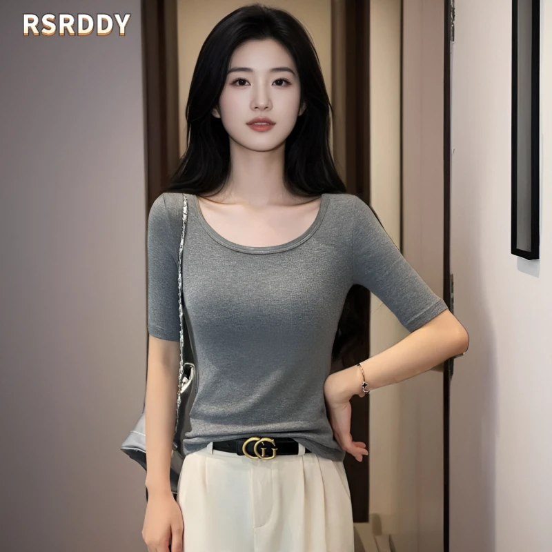 RSRDDY圆领中袖t恤女2025春夏修身半袖打底衫内搭五分袖百搭上衣