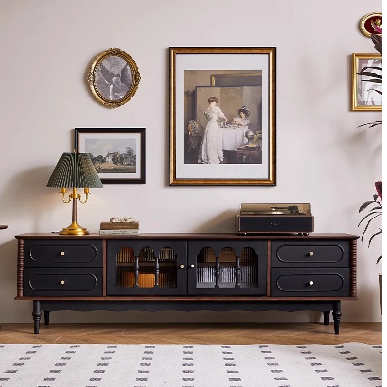 法式复古实木中古电视柜胡桃黑色美式客厅茶几电视机柜组合储物柜
