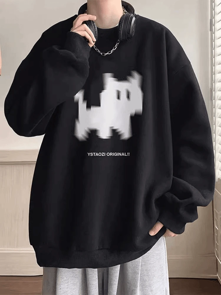 加绒圆领无帽套头卫衣男秋冬美式重磅复古潮流慵懒风宽松外套上衣