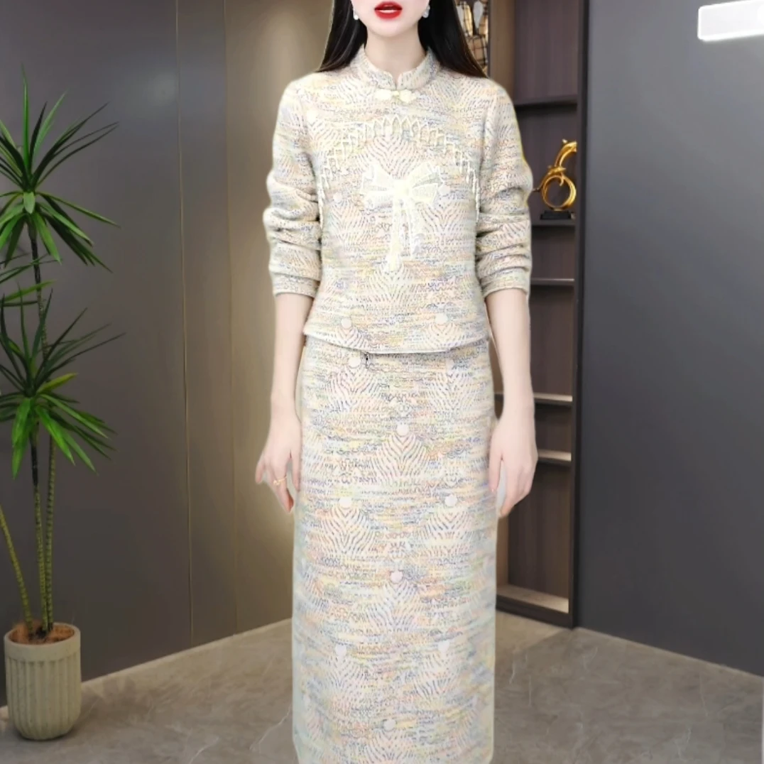 显瘦套装连衣裙2024新款女秋冬十三行高级感加厚毛呢两件套