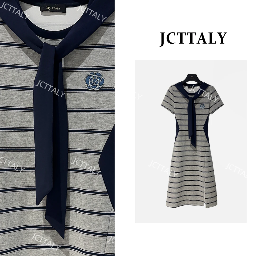 【宠粉价】轻熟时尚山茶花领带V领收腰25夏新款连衣裙JC-A4164