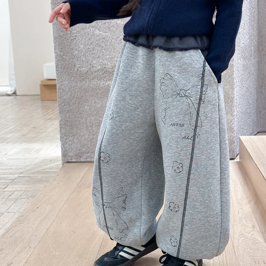 女童冬季洋气纯色蝴蝶结小花印花百搭休闲直筒卫裤25009