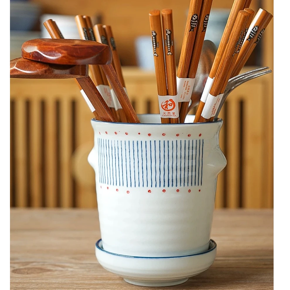 渔火 日式陶瓷筷子筒厨房家用沥水筷筒存放架筷笼勺子餐具收纳桶