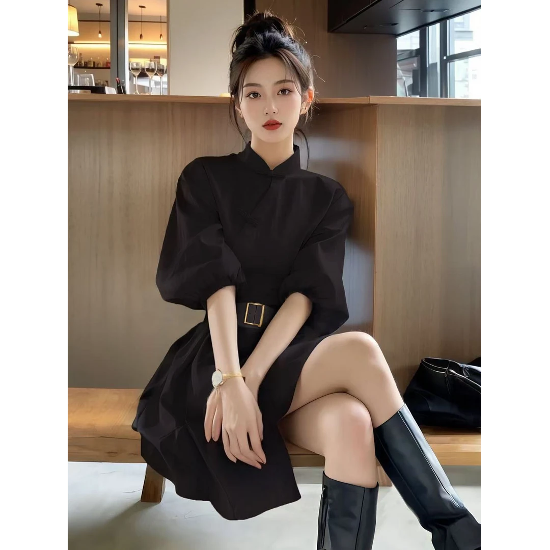 新中式国风帝政风漂亮独特小个子黑色盘扣衬衫连衣裙子女2025春季