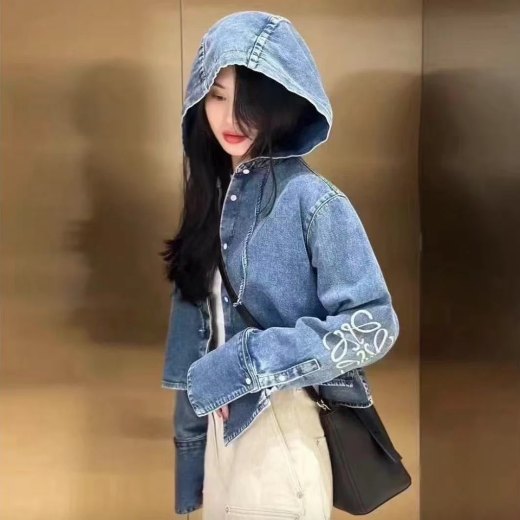 未使用 LOEWE/罗意威 镂空抽绳连帽休闲宽松短款牛仔外套