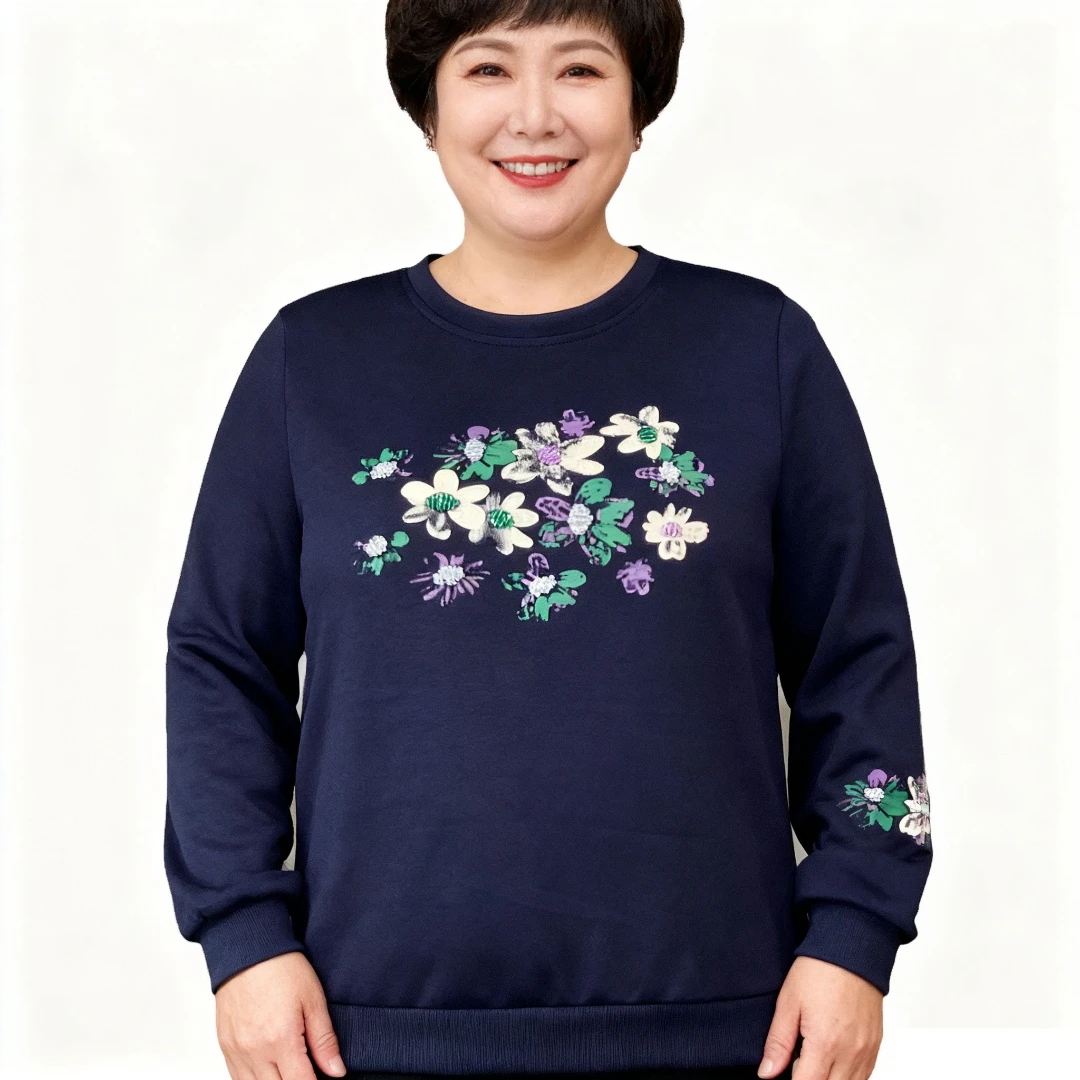 厚款宽松型圆领时尚风中老年女装绣花针织长袖妈妈装秋装