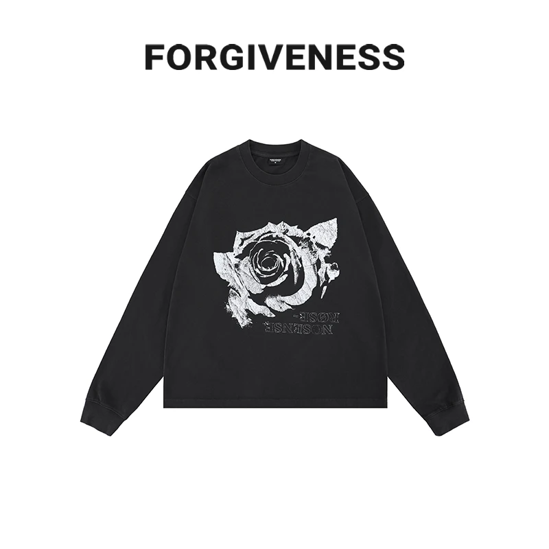 FGSS【玫瑰插画】重磅300g水洗做旧宽松长袖落肩T恤ZB0112