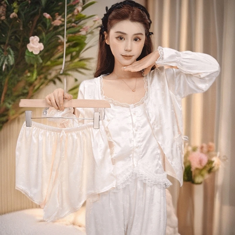 小众女士家居服气质套装可外穿甜美带胸垫【松间步月】提花新款睡衣