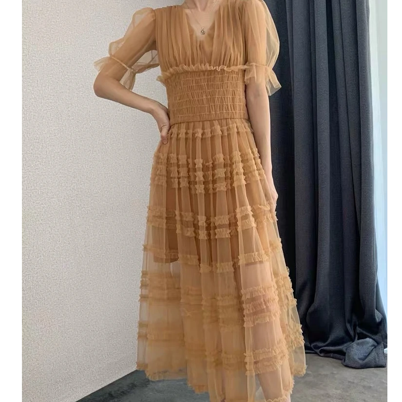 ［依易原创］复古收腰网纱拼接仙女系连衣裙A0201