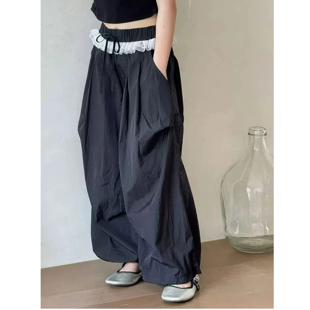 【苏舒童装】2025春夏中大童蕾丝花边美式风直筒阔腿裤工装裤25871