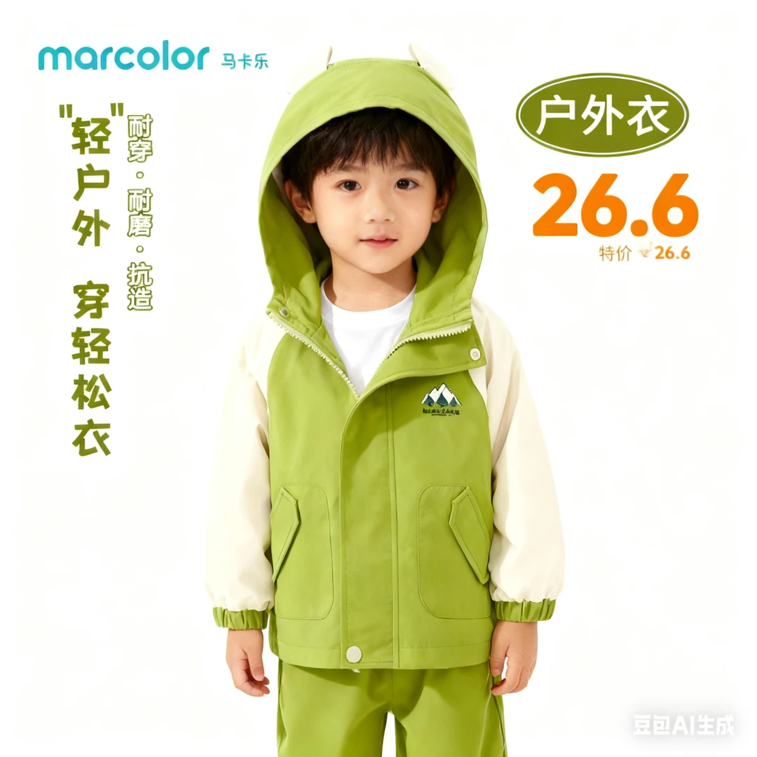 马卡乐正品【清货】男童新款儿童防泼水连帽上衣中小童撞色开衫服