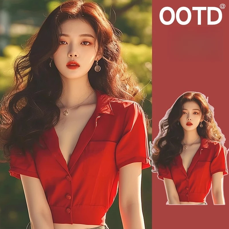 法式轻熟风深v领短袖衬衫女设计感小众夏季独特别致收腰短款上衣