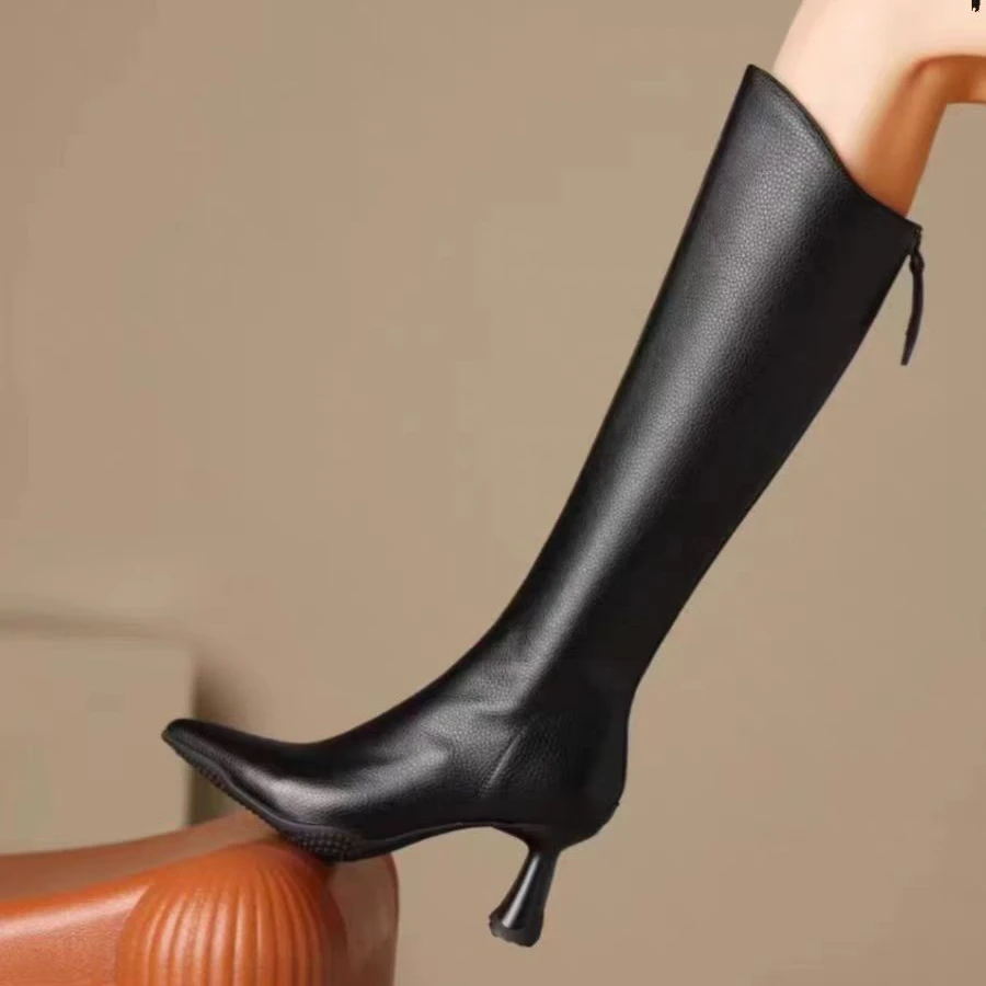 欧洲站通勤女鞋不过膝长筒靴冬真皮尖头显瘦后拉链高跟靴 6789