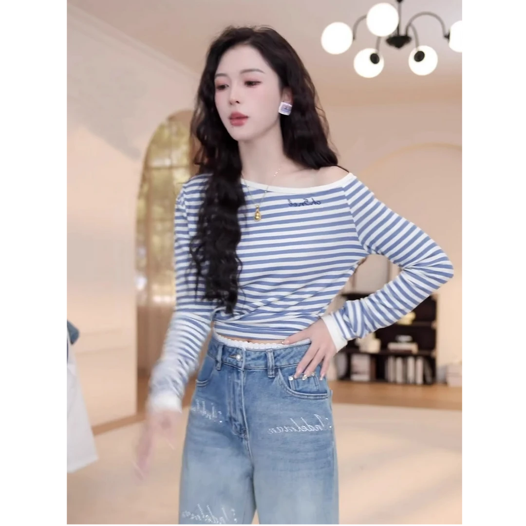 春季新款2025女装爆款条纹T恤+牛仔裤两件套时尚休闲显瘦套装洋气