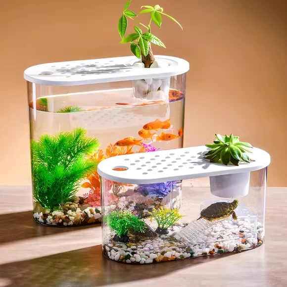 高透鱼缸塑料缸生态缸微景观乌龟缸乌龟晒台相手蟹孔雀鱼小型鱼缸