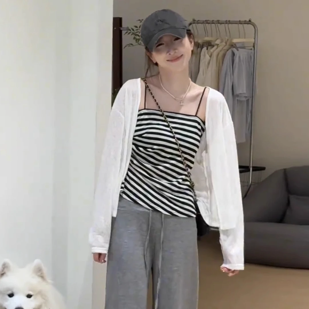 女士夏套装2025新款纯欲风防晒开衫+条纹吊带背心+休闲裤三件套