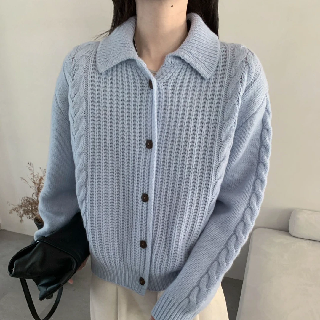 【YIYI】大翻领~韩系新款全羊毛百搭慵懒风翻领开衫