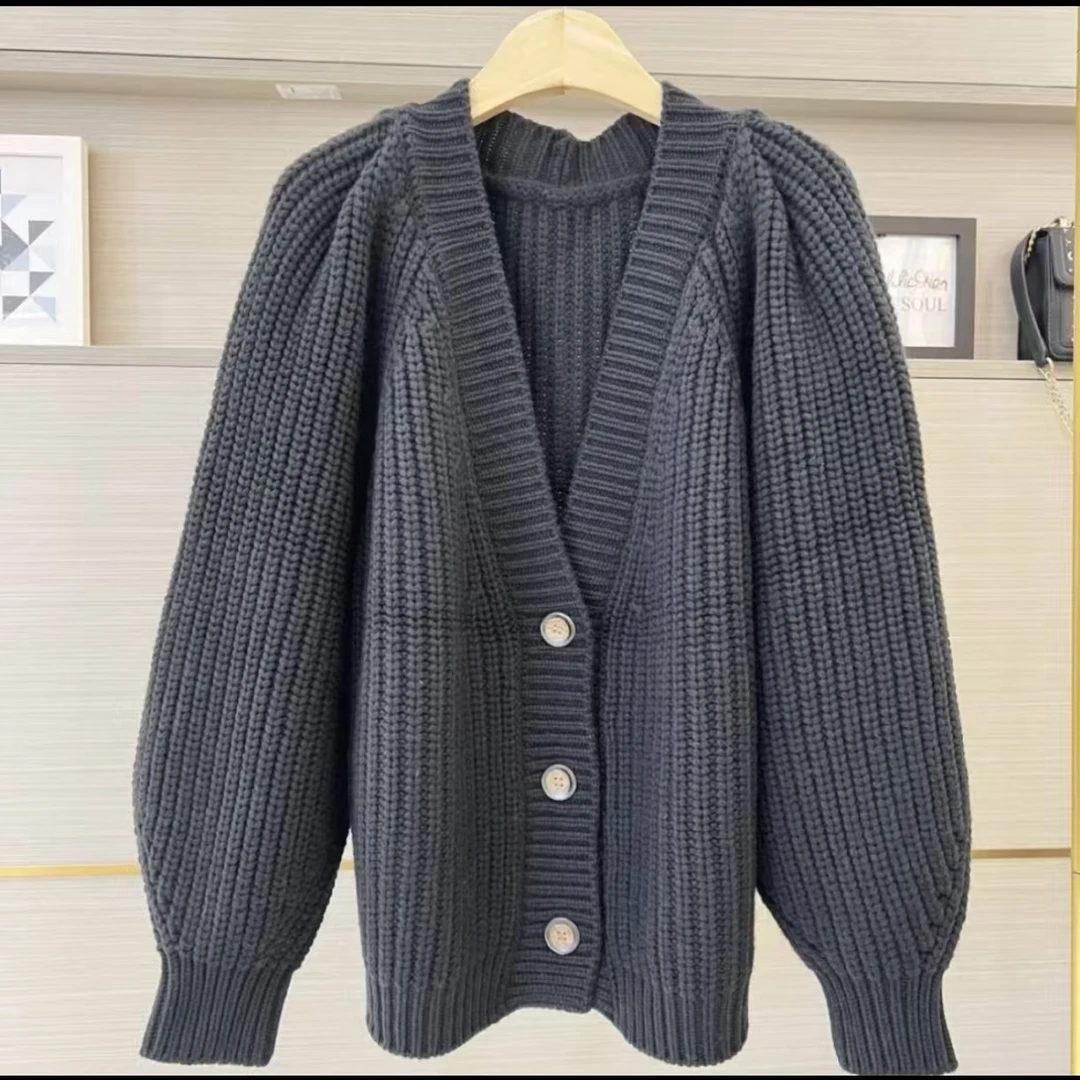 尾单法式V领显瘦外搭羊毛阔版毛衣开衫