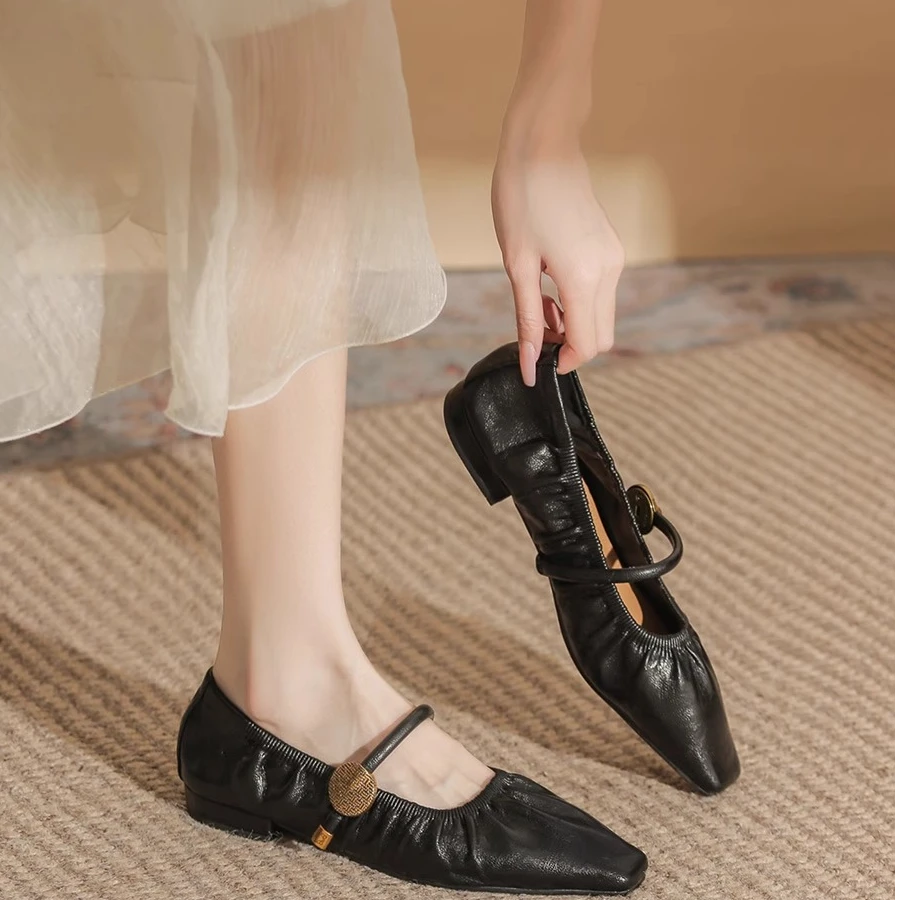 时尚女鞋褶皱法式玛丽珍单鞋女春秋方头平底孕妇鞋软底舒适黑色