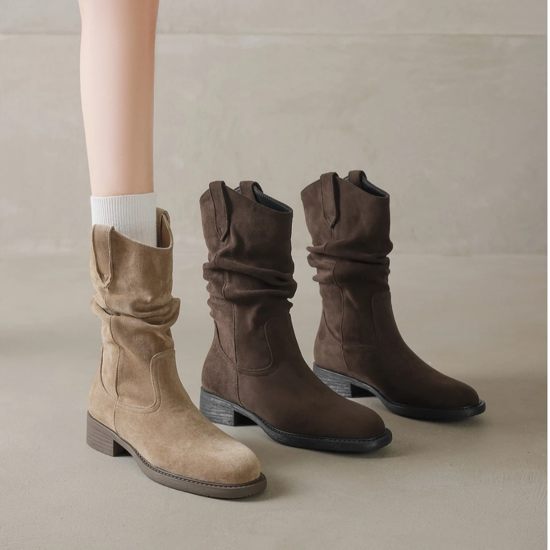 短靴子女粗跟中筒堆堆靴子女夏2025新款秋季美拉德西部牛仔马丁靴