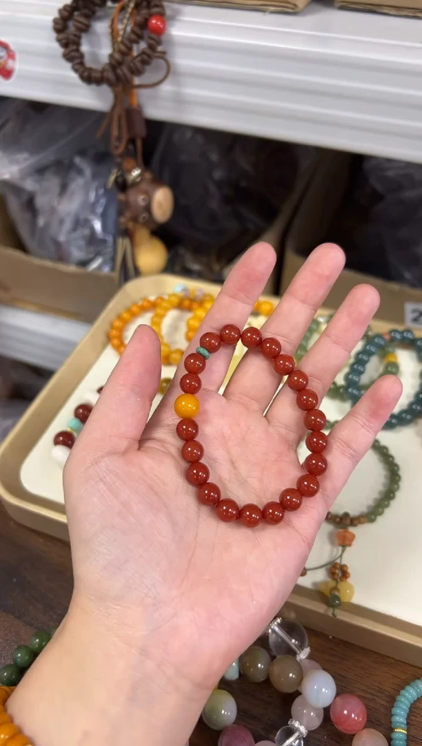 未镶嵌蜜蜡手链柿子红玛瑙蜜蜡顶珠手串8MM[1710]