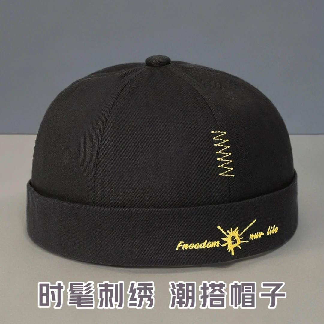 嘻哈男无檐地主帽秋冬刺绣西瓜帽百搭四季户外遮阳帽帽子男款冬季