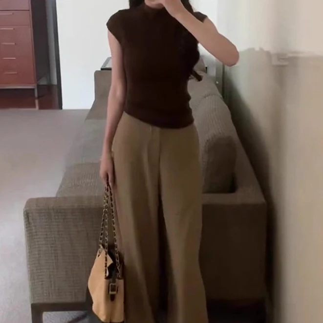 法式半高领咖色冰丝针织短袖T恤女夏季小个子修身设计感坎肩上衣