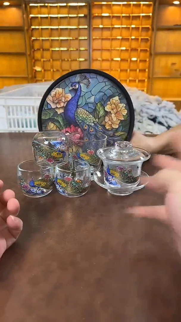 瓷片花溪陶瓷00000孔雀盖碗+4杯+公道+茶盘