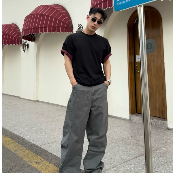 褶皱美式高街微喇工装裤男款款水春秋洗做旧阔腿裤cleanfit伐木裤