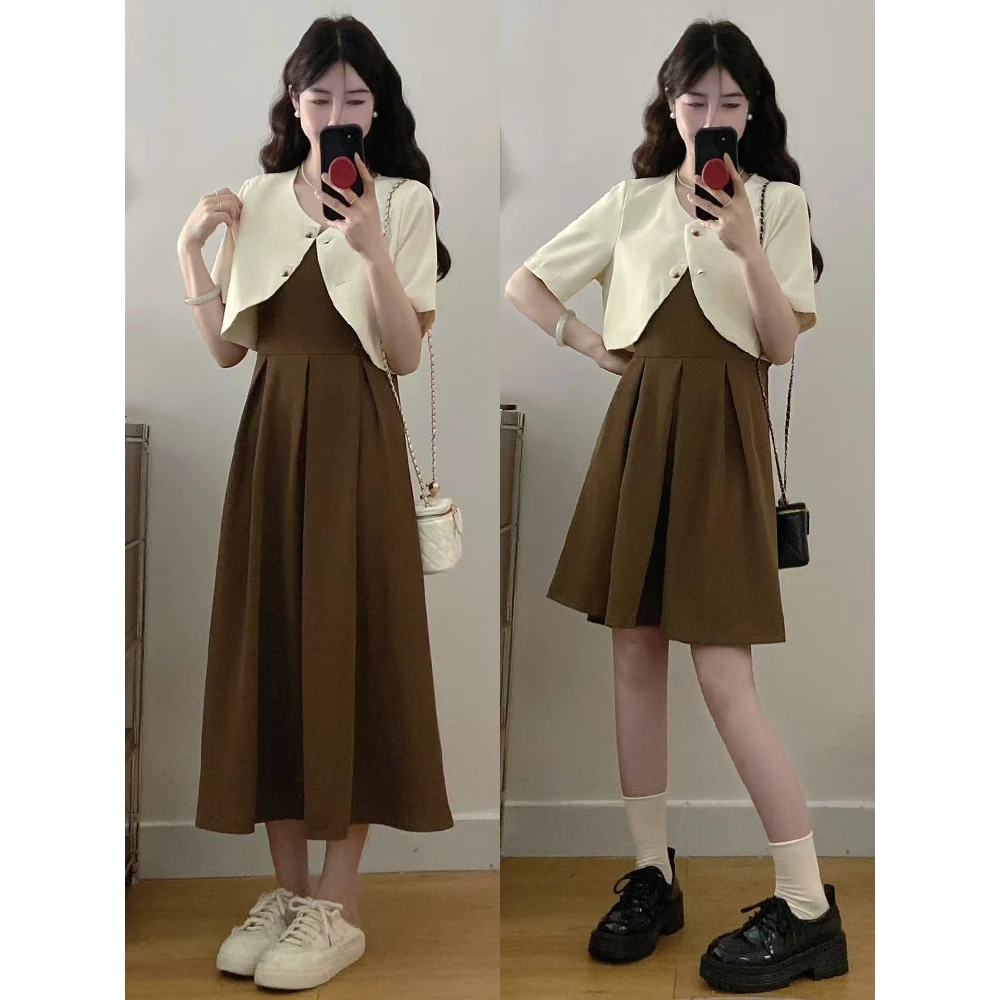 大码梨形身材遮肉吊带连衣裙套装夏季微胖mm温柔披肩裙子两件套