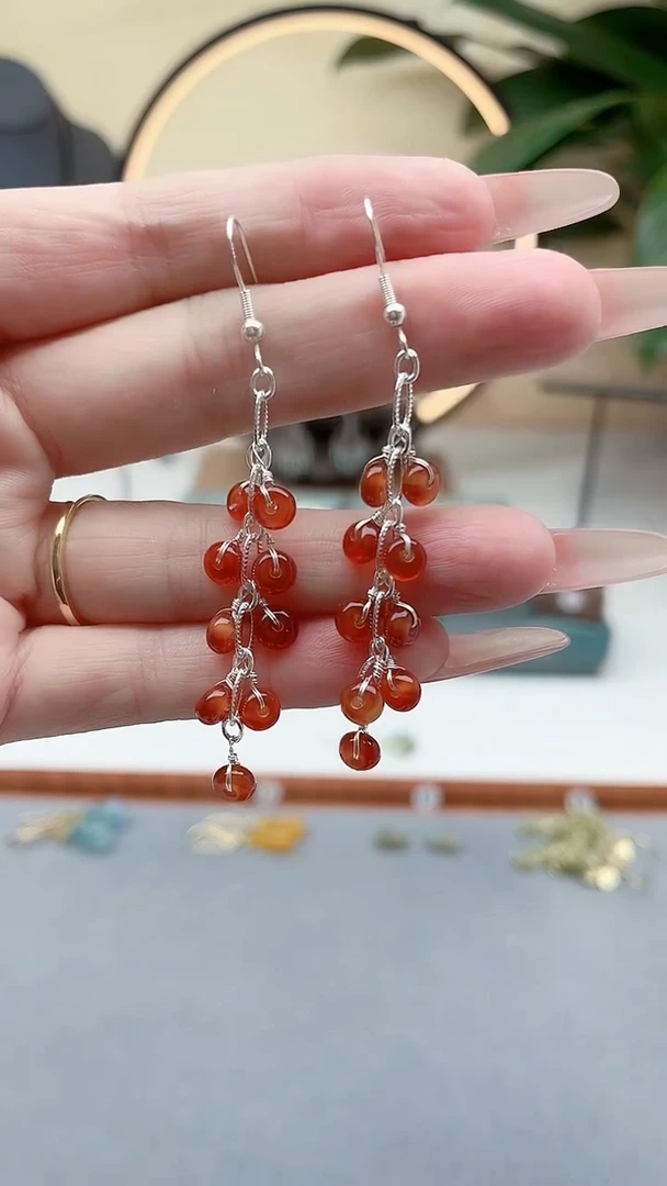 合金耳钉玛瑙/玉髓000红色流苏新款