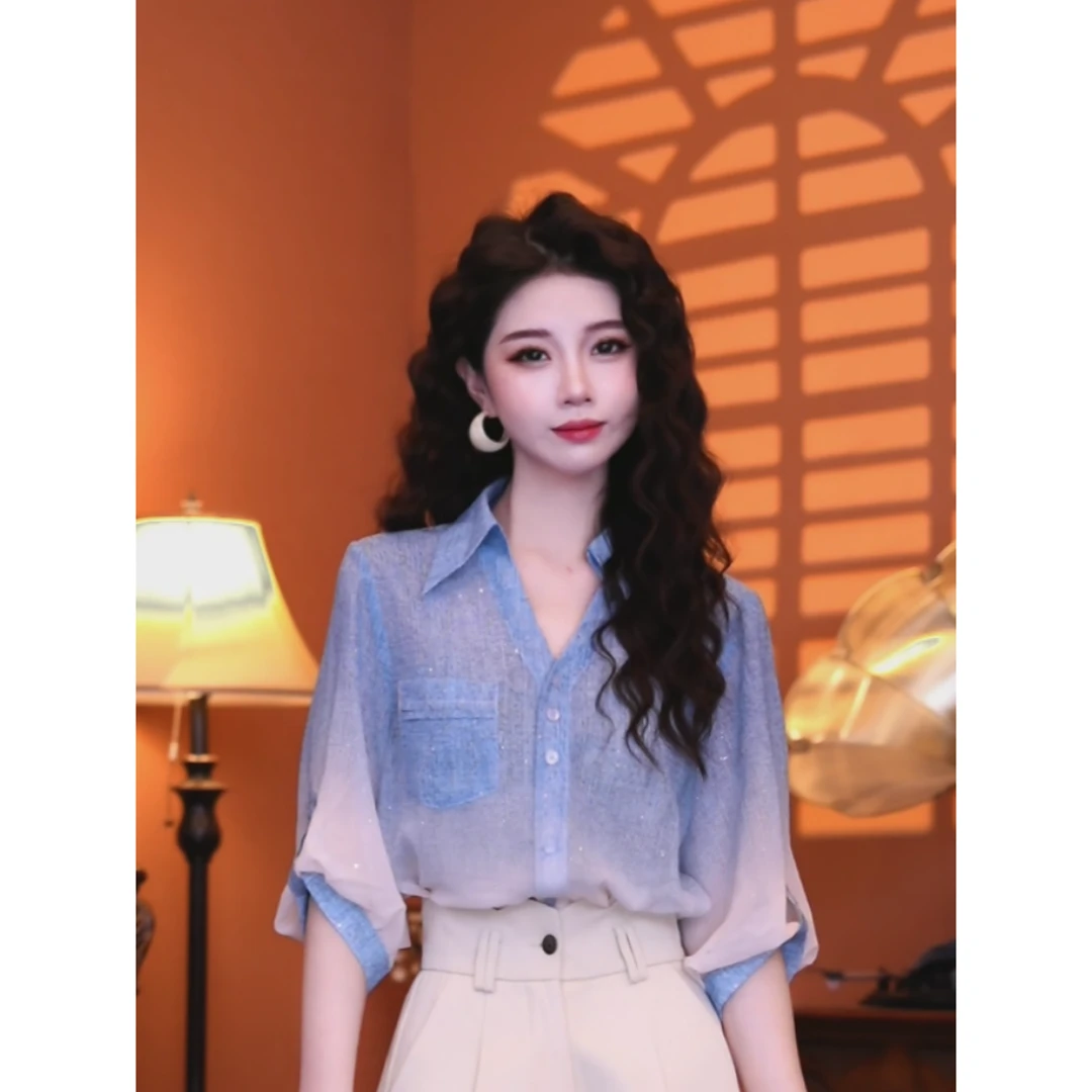 蒋肉肉【蓝田生玉】港味复古时尚气质短袖上衣02002