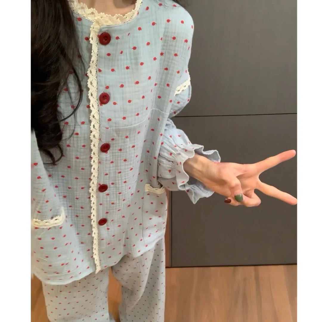 韩版复古设计感波点印花棉纱睡衣女春秋款2025新款纯棉家居服套装