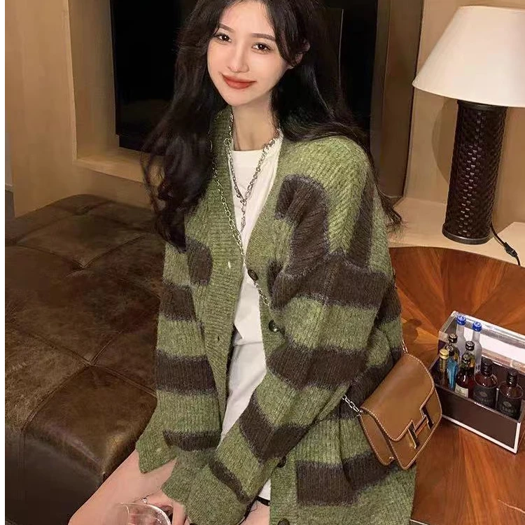 2024年撞色条纹休闲时尚爆款宽松中长款慵懒针织毛衣开衫外套