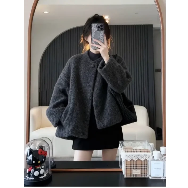 韩系文艺风灰色毛呢外套女秋冬新款高级感气质极简小个子百搭上衣