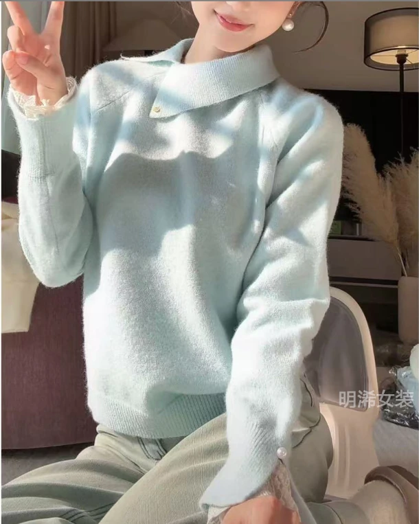 设计感不规则翻领蕾丝拼接针织毛衣秋冬2024新款高级感上衣公主