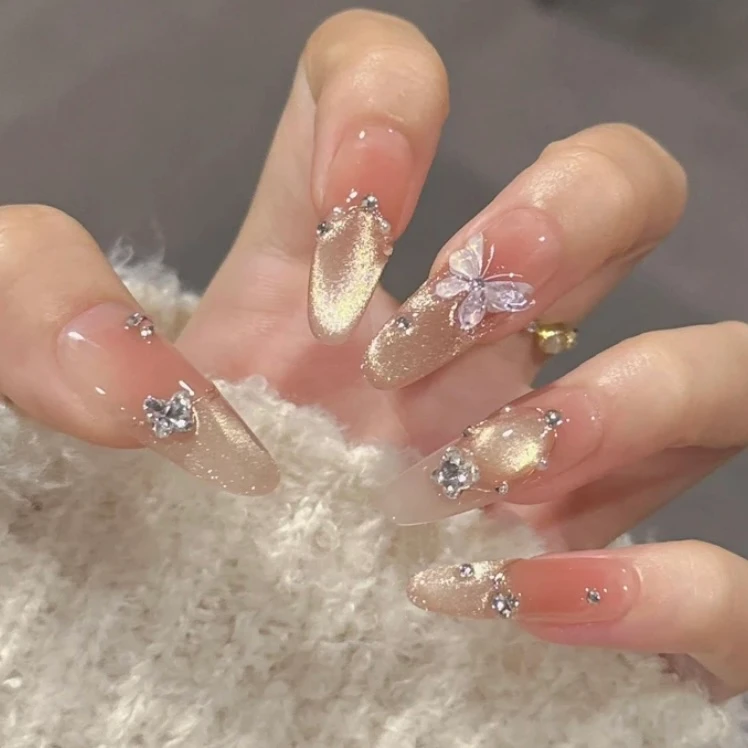 【烫金蝴蝶】纯手工穿戴甲光疗冰透四季流行高级感显白10片装美甲贴