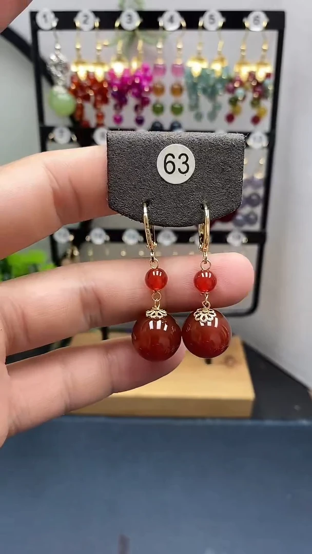 南红玛瑙银S925镀金镶嵌耳饰尺寸14mm耳扣连珠02