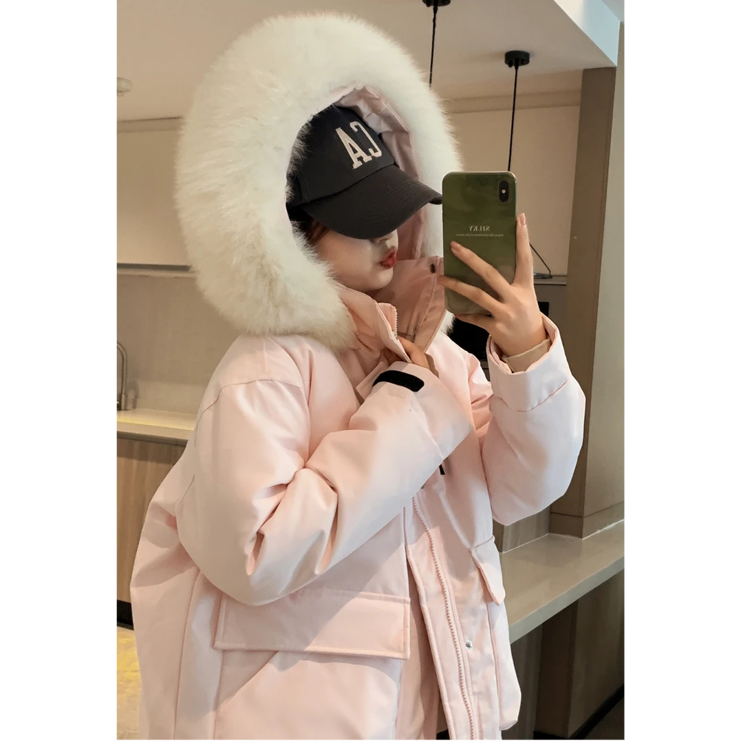 连帽90白鸭绒工装派克百搭时尚韩版加厚小个子冬季ins情侣大毛领