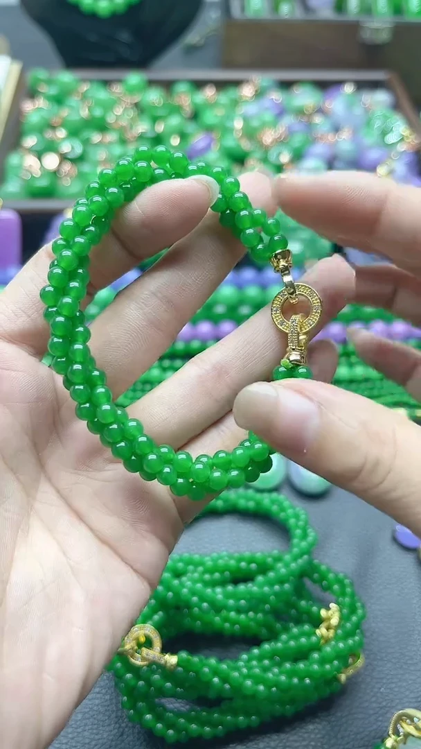颈饰14K金镶嵌翡翠三圈麻花手链