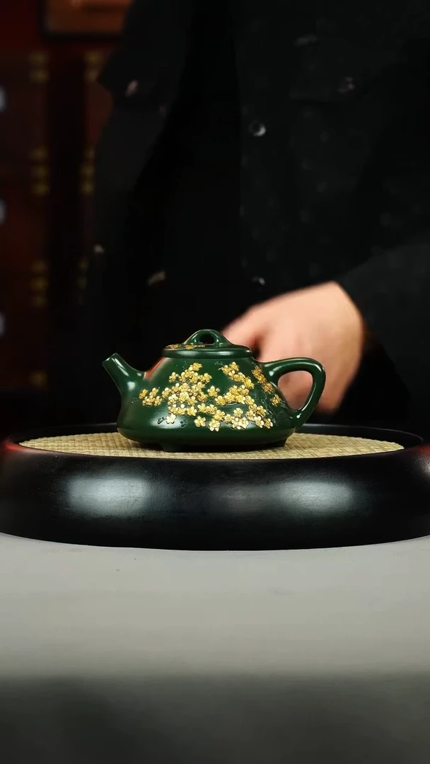 茶壶紫砂绿泥 子冶石瓢 描金梅花