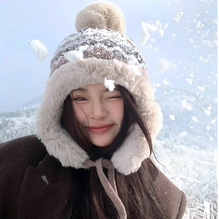 费尔岛风针织毛线帽子女款冬季加绒加厚保暖雷锋帽骑行防寒护耳帽