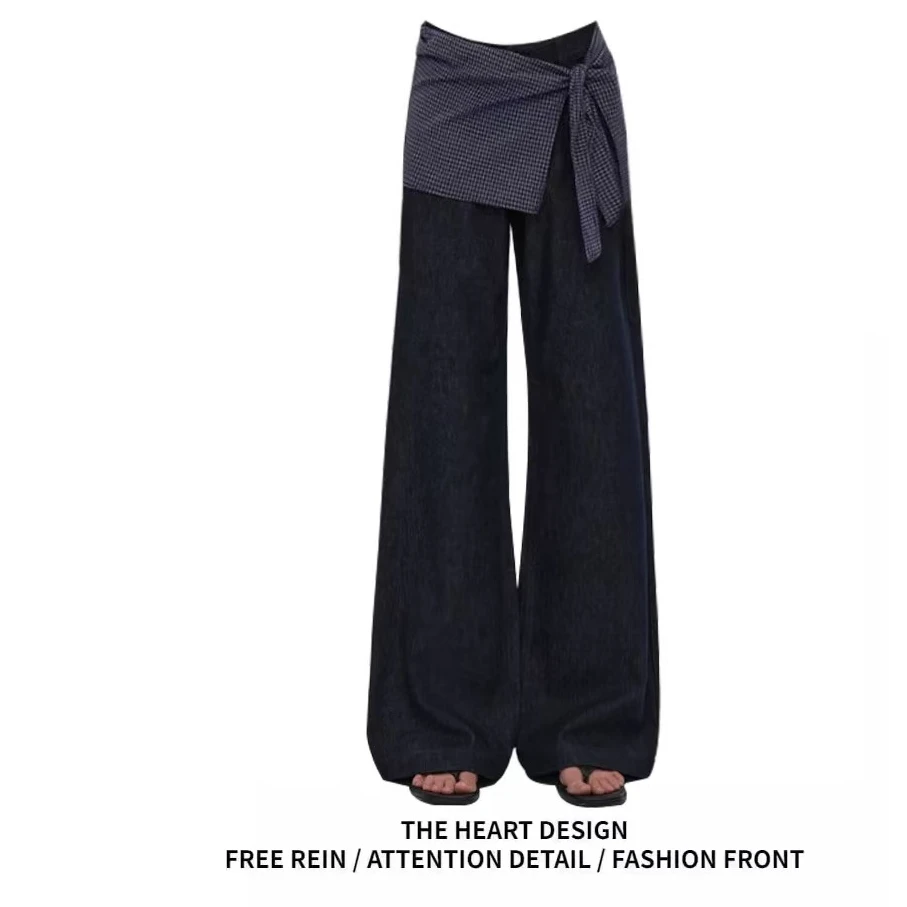 原牛叠穿假两件方巾格纹绑带直筒牛仔裤女2025年春设计感拖地长裤