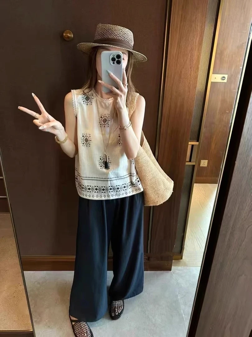 欧版宽松显瘦无袖薄款雪纺背心女夏季款高级感重工印花蕾丝边小衫