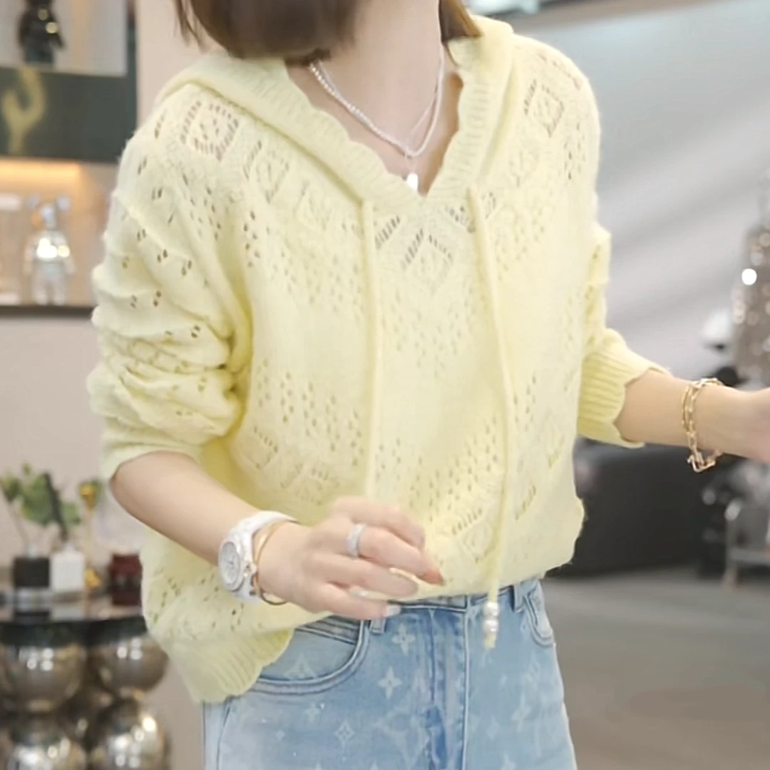 设计感重工镂空长袖毛衣帽衫2025春季新款纯色休闲时尚气质针织衫