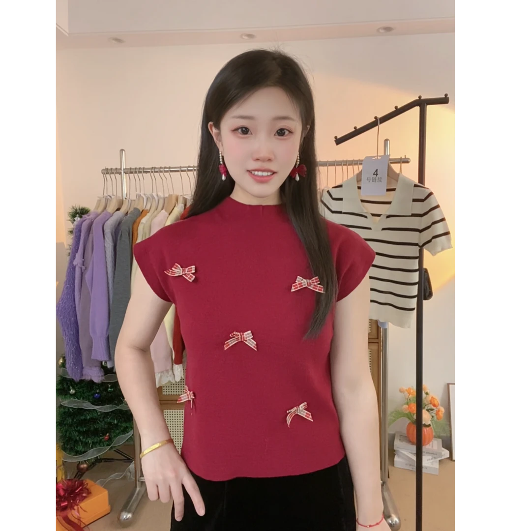 千衣千寻  甜美红色蝴蝶结针织短袖T恤女设计感小众独特春款上衣