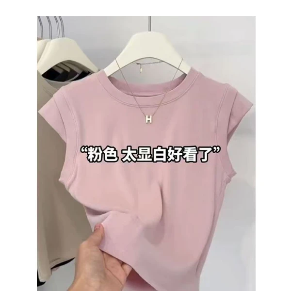 韩系感夏季圆领甜辣妹无袖女小心机坎肩显瘦上衣潮流百搭短袖打底