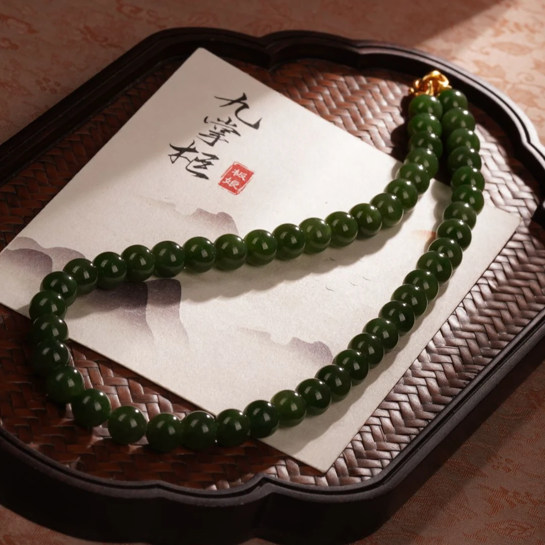 天然碧玉项链素款野料菠菜绿—多样性发其一9.5mm俄料【JJ396】