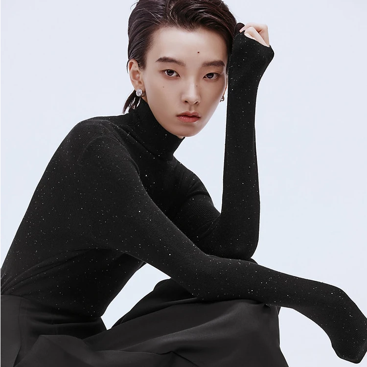【晨粉专享价】秋季都市时尚纯色高领休闲针织衫上衣女