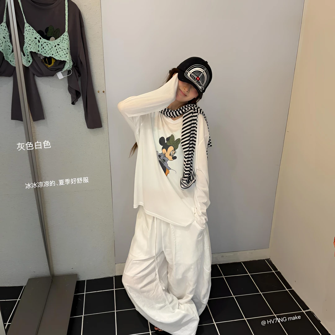 女米奇-新款夏季卡通印花宽松长袖防晒T恤女百搭上衣